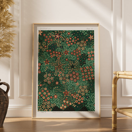 Motif Floral Japonais Section VII - Estampe Florale, affiche encadrée dans un intérieur élégant, herbes séchées et chaise en 
