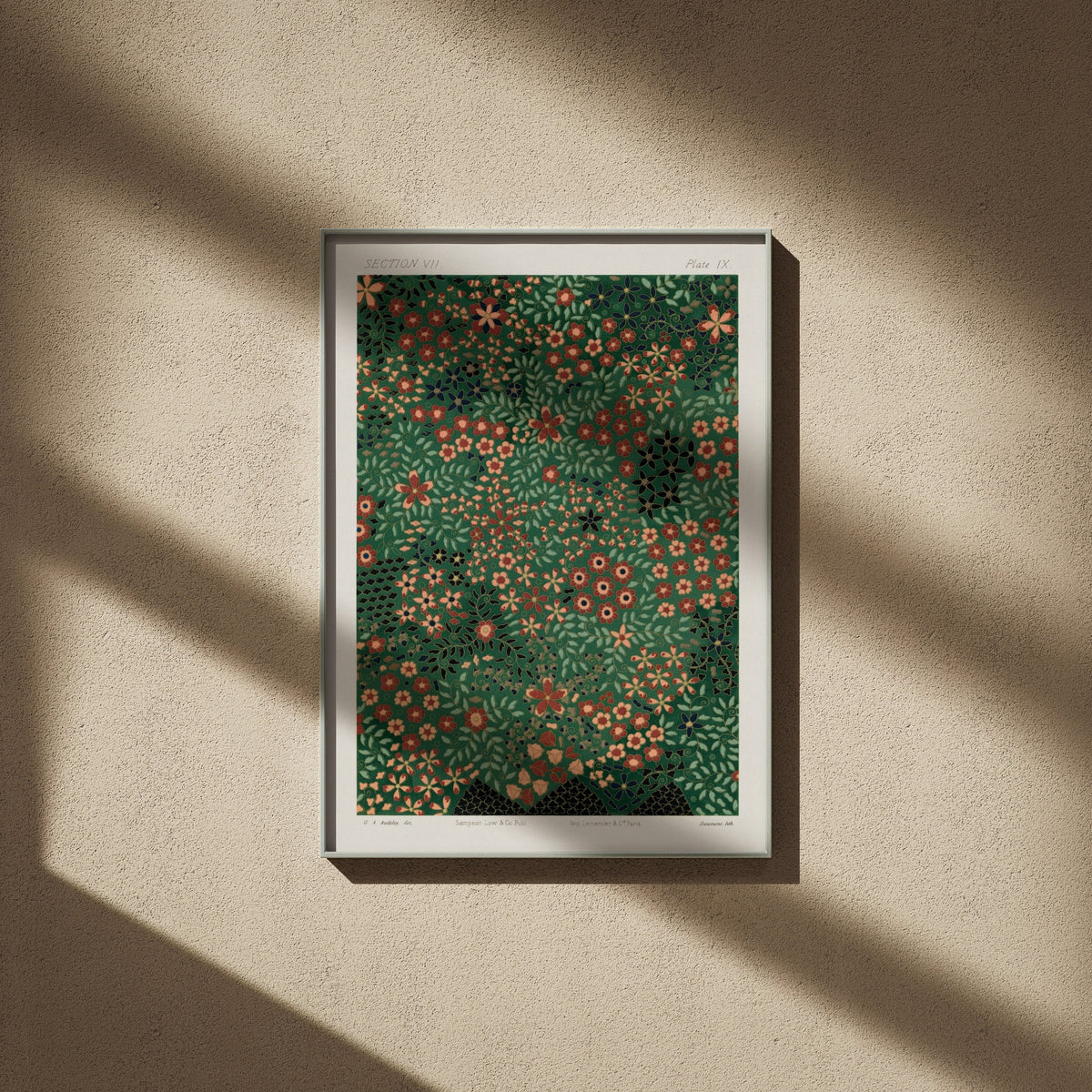Japanese Floral Design Section VII - Floral Print, framed poster on a beige wall, window shadows