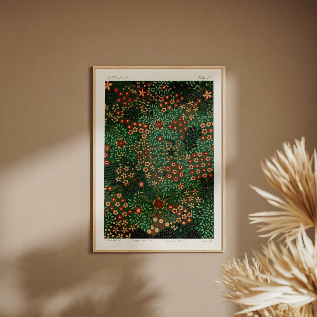 Japanese Floral Design Section VII - Floral Print, framed poster on a beige wall, pampas grass in the foreground