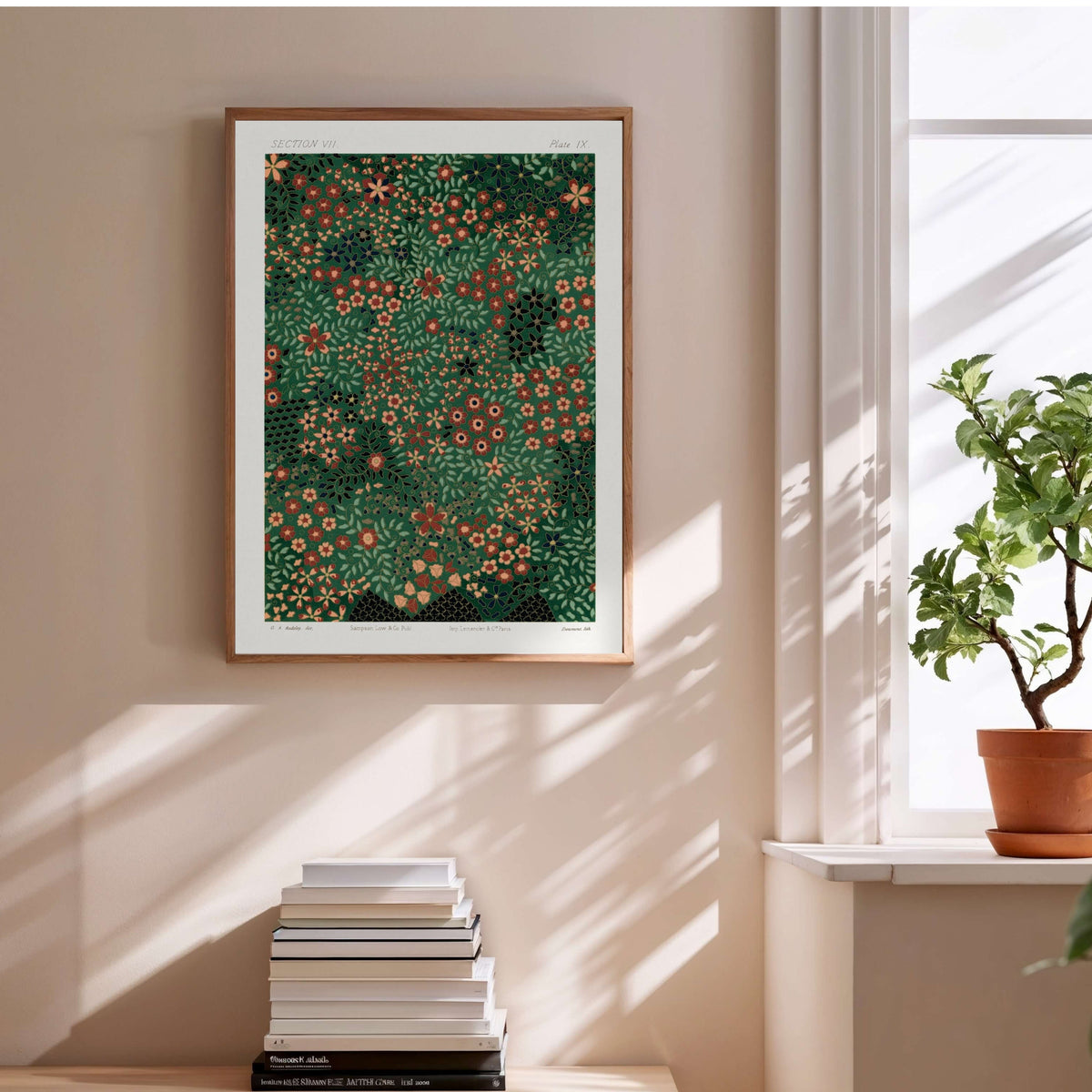 Japanese Floral Design Section VII - Floral Print, framed poster above a stack of books