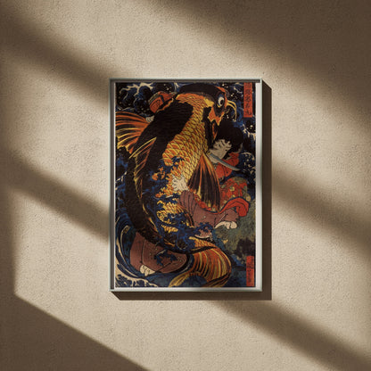 Oniwakamaru et la carpe géante en 50x70, encadré sur un mur beige, ombres de fenêtre