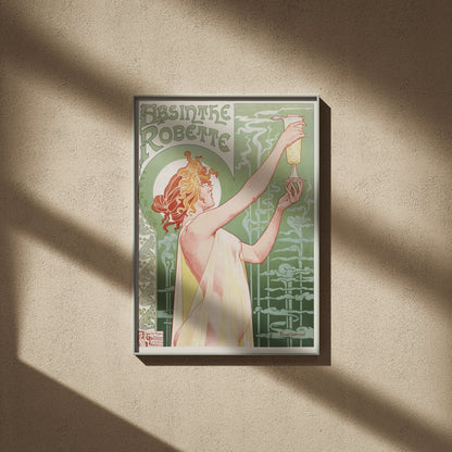 Absinthe Robette en 50x70, encadré sur un mur beige, ombres de fenêtre