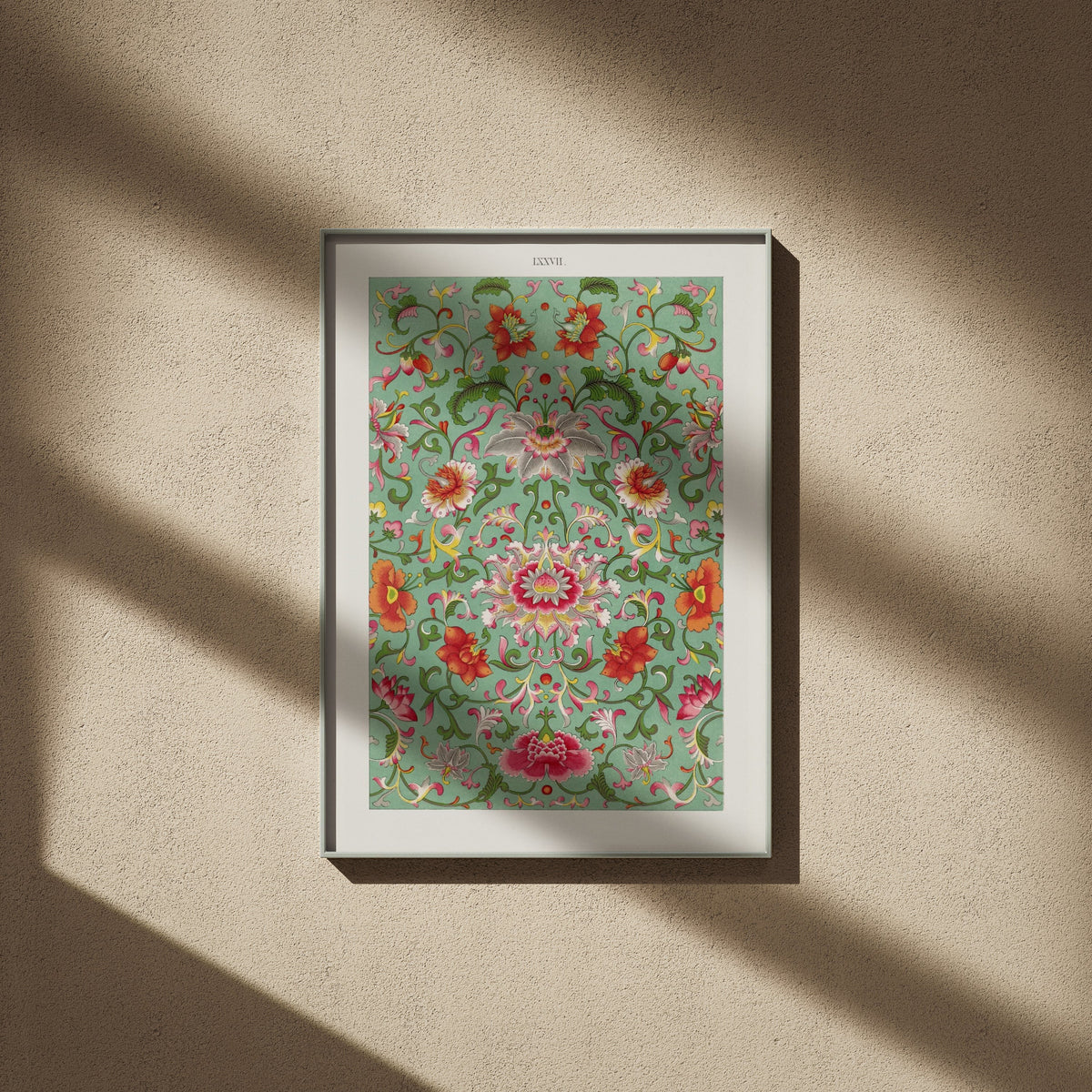 Planche LXXVII en 50x70, encadré sur un mur beige, ombres de fenêtre