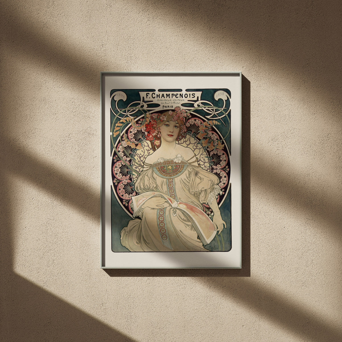 Rêverie (F. Champenois), Alphonse Mucha, en 50x70, encadré dans un intérieur clair
