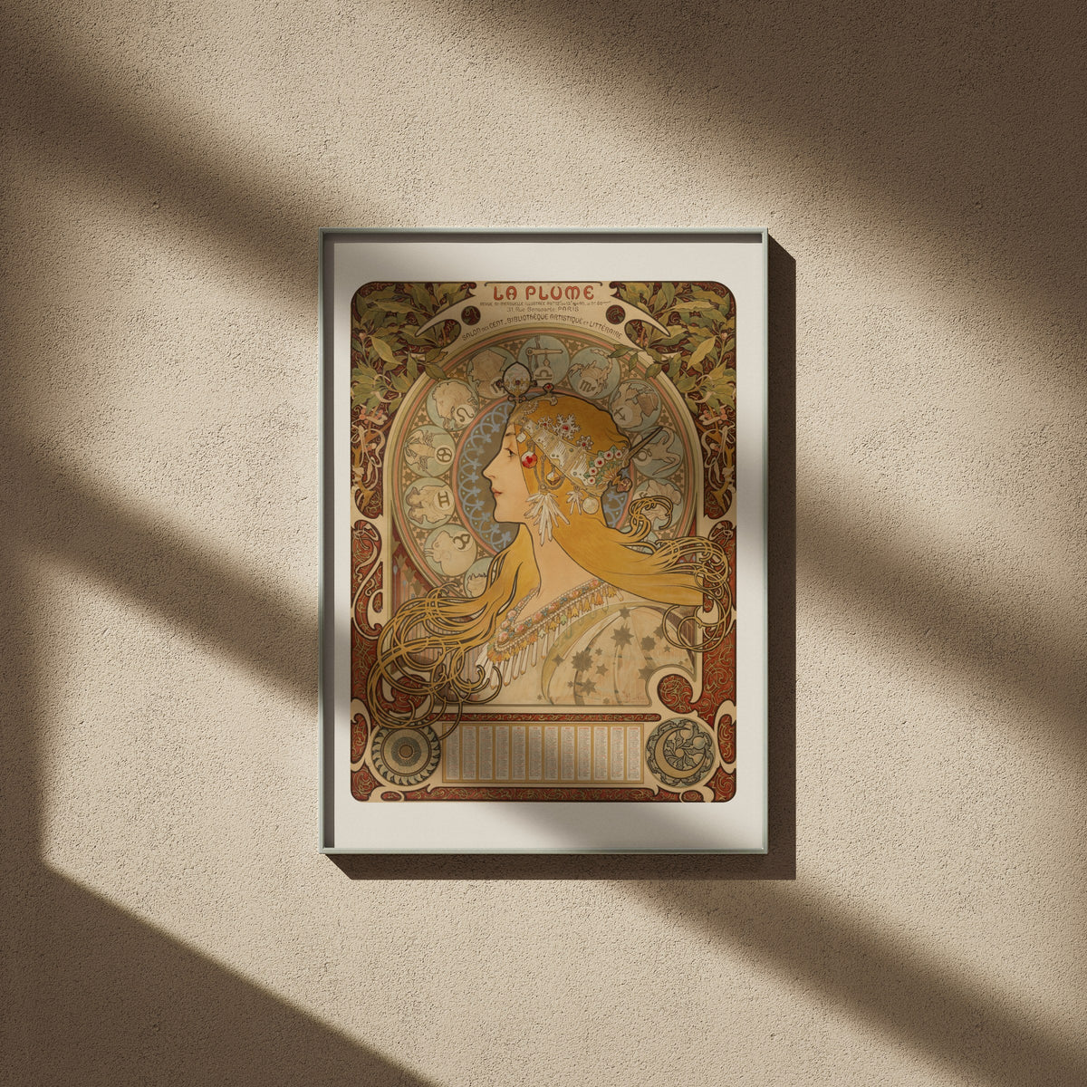Zodiaque, La Plume, Alphonse Mucha, en 50x70, encadré dans un intérieur clair