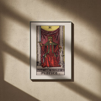 Justice, XI: Rider-Waite tarot print, 20x28, framed on a beige wall with window shadows
