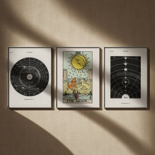 Triptyque astronomie vintage en 50x70 : Système solaire, La Lune et Le Soleil, encadrés côte à côte sur un mur beige