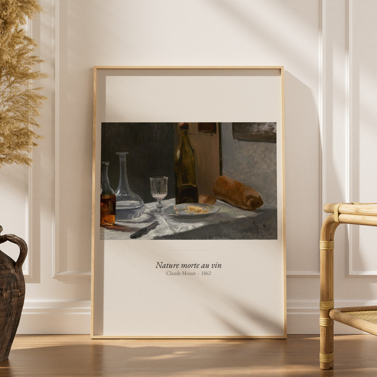 Nature morte au vin, Claude Monet | Affiche Art Premium, affiche encadrée dans un intérieur élégant, herbes séchées et chaise