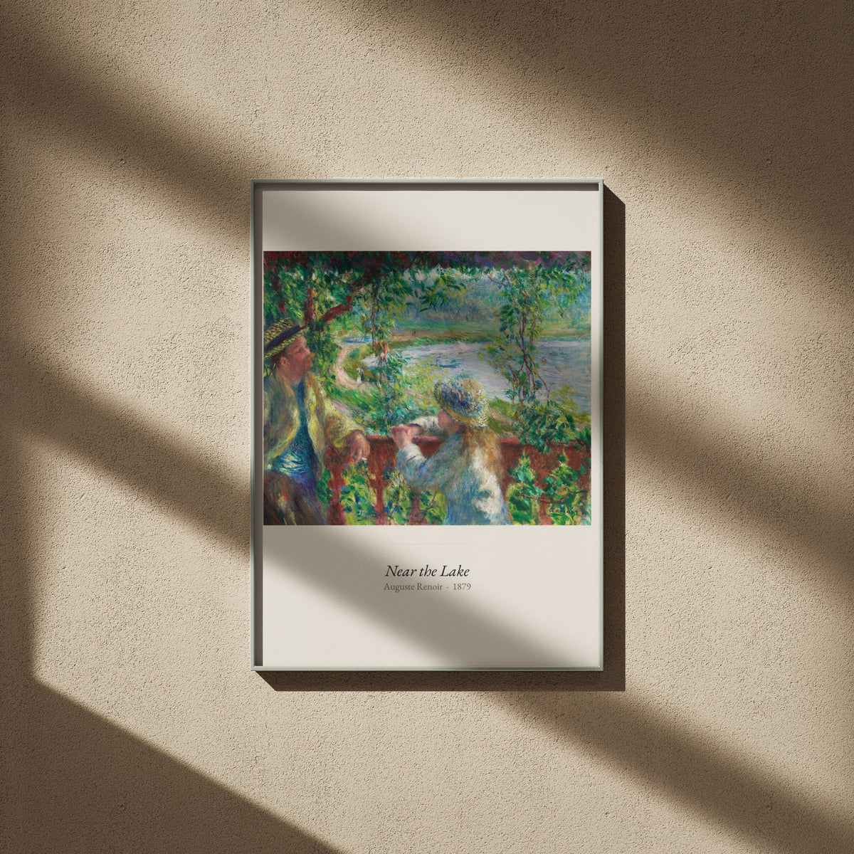 Near the Lake, Auguste Renoir | Affiche Art Premium, affiche encadrée sur un mur beige, ombres de fenêtre