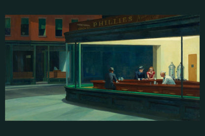 Edward Hopper Nighthawks print, 24x16 in fine art, shown flat with its night green border