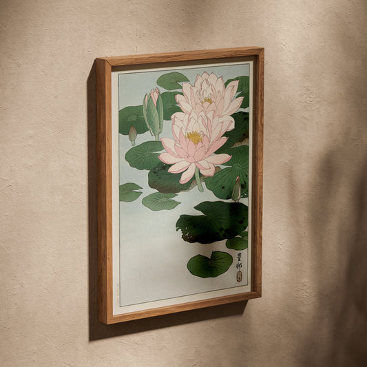 Nymphéa Rose - Ohara Koson - Estampe Japonaise, affiche dans un cadre en chêne posé de biais sur un mur texturé