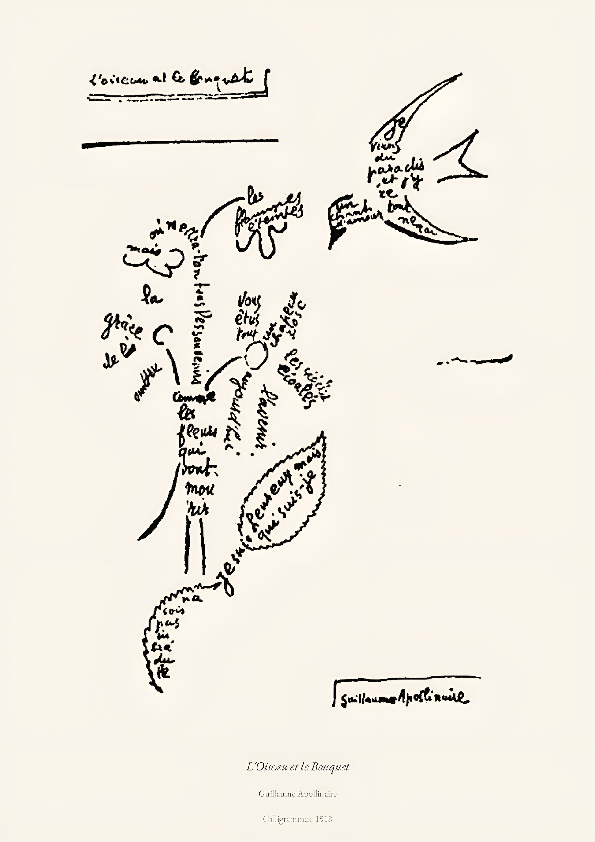 L'Oiseau et le Bouquet, Guillaume Apollinaire | Calligramme Affiche Premium | Heure d'Été Studio