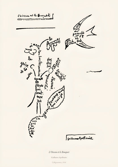 L'Oiseau et le Bouquet, Guillaume Apollinaire | Calligramme Affiche Premium | Heure d'Été Studio