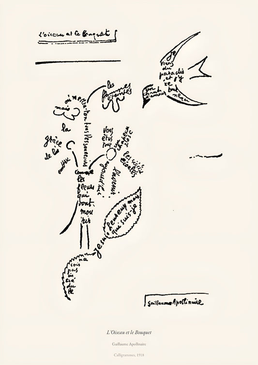 L'Oiseau et le Bouquet, Guillaume Apollinaire | Calligramme Affiche Premium | Heure d'Été Studio