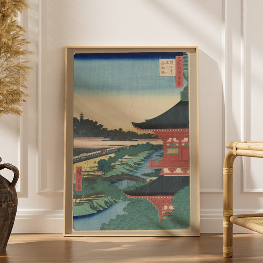 Pagode Zōjōji, Akabane - Estampe Japonaise, affiche encadrée dans un intérieur élégant, herbes séchées et chaise en rotin
