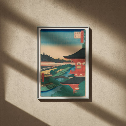 Pagode Zōjōji, Akabane - Estampe Japonaise, affiche encadrée sur un mur beige, ombres de fenêtre