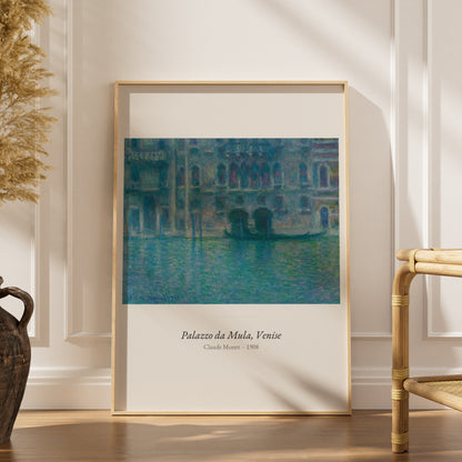 Palazzo da Mula, Venise, Claude Monet, affiche encadrée dans un intérieur élégant, herbes séchées et chaise en rotin