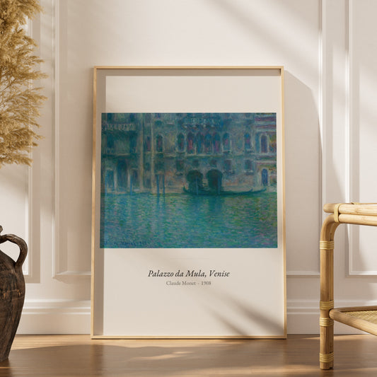 Palazzo da Mula, Venise, Claude Monet, affiche encadrée dans un intérieur élégant, herbes séchées et chaise en rotin