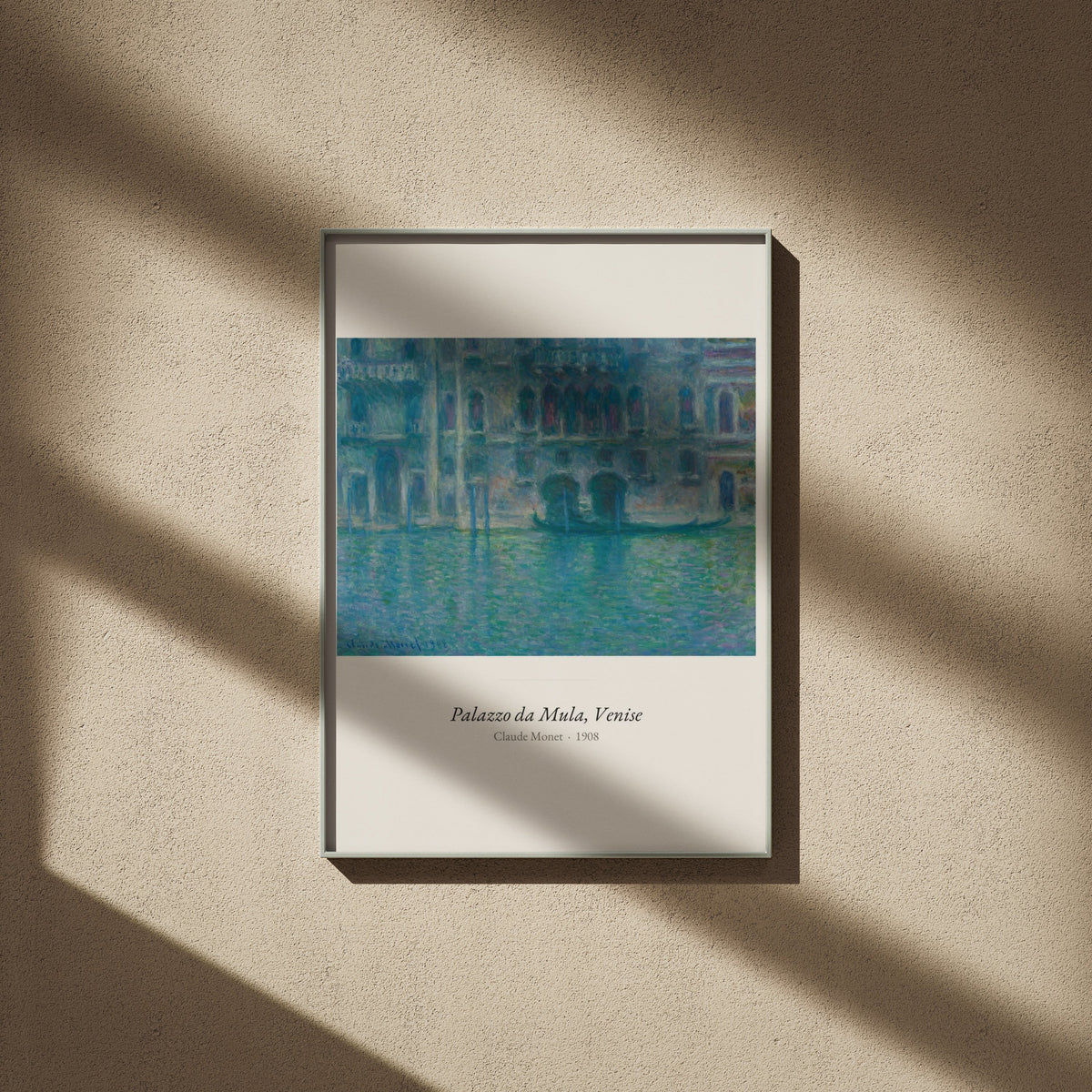 Palazzo da Mula, Venise, Claude Monet, affiche encadrée sur un mur beige, ombres de fenêtre