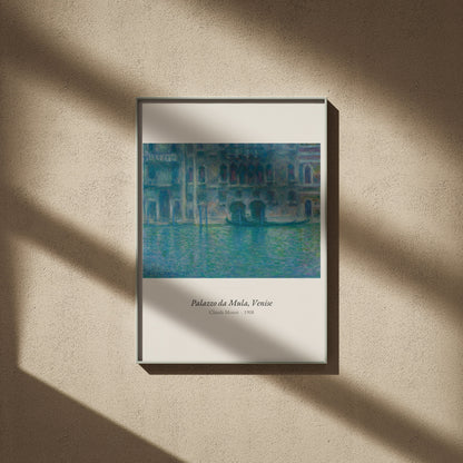 Palazzo da Mula, Venise, Claude Monet, affiche encadrée sur un mur beige, ombres de fenêtre