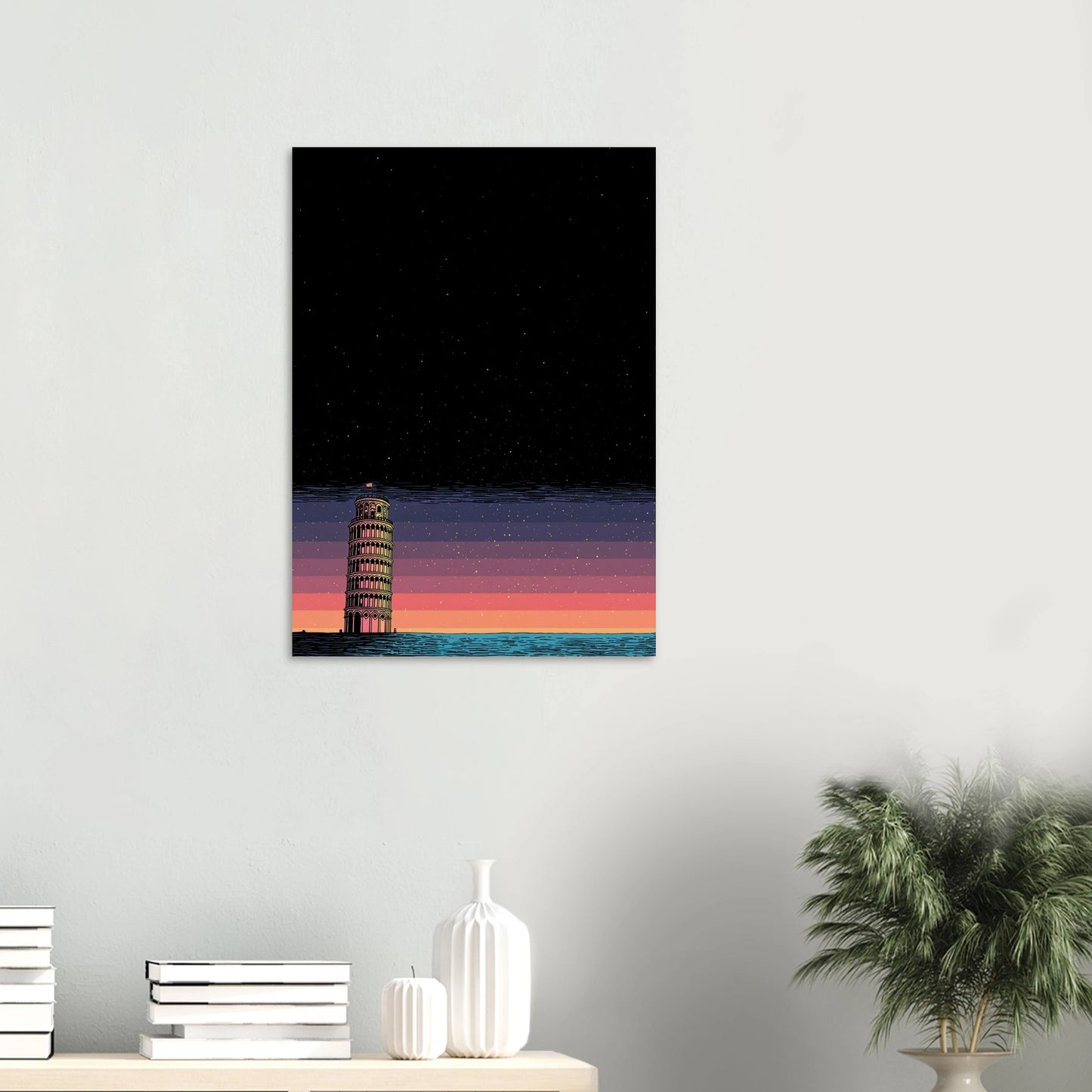 Affiche de l'Italie sous les eaux, avec la tour de Pise, fond étoilé, au milieu de la mer.