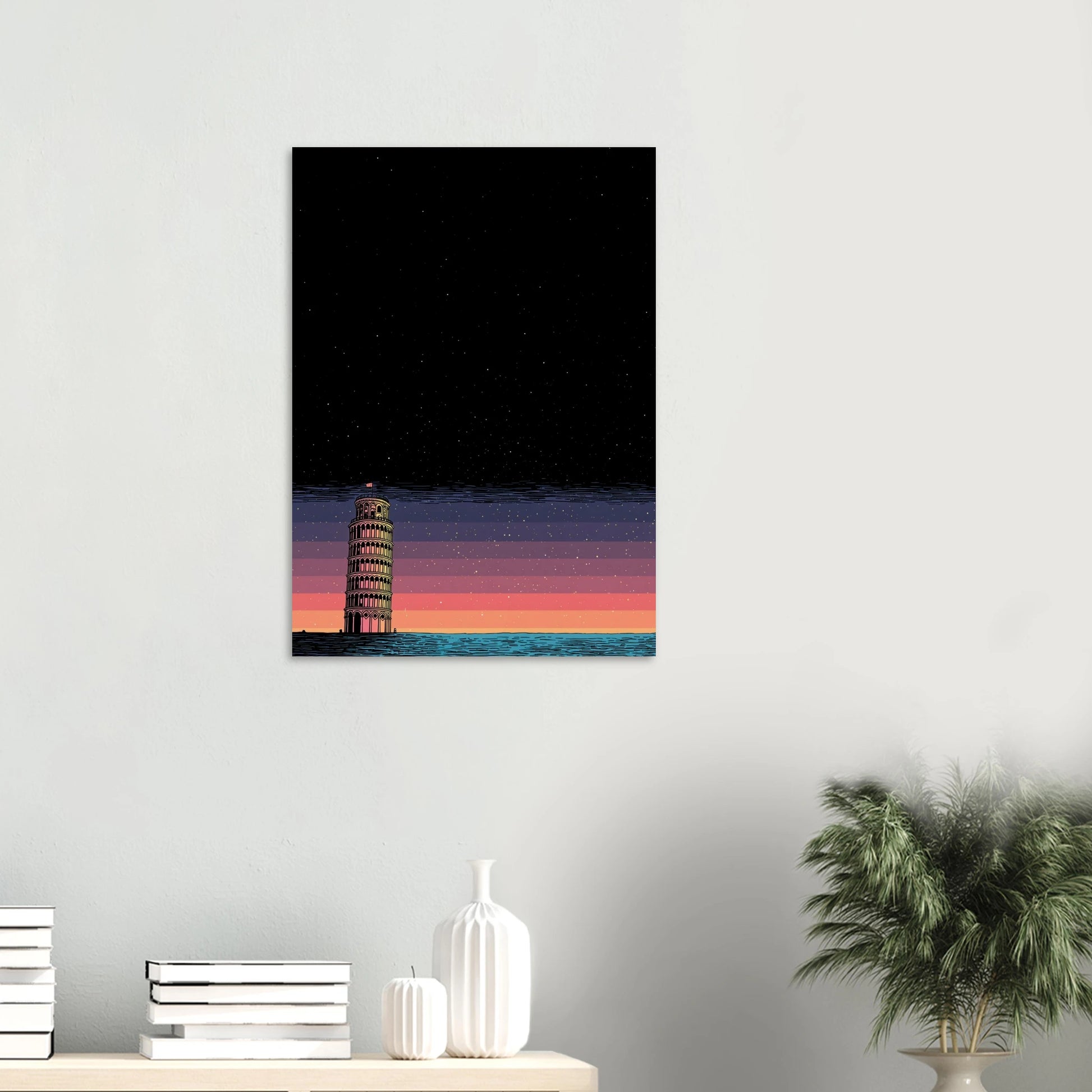 Affiche de l'Italie sous les eaux, avec la tour de Pise, fond étoilé, au milieu de la mer.