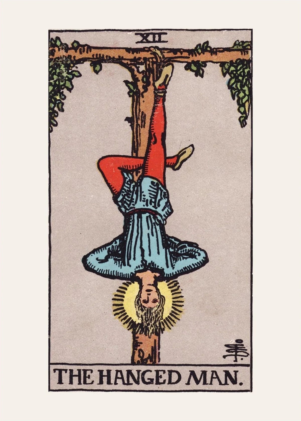 Le Pendu, arcane XII du tarot Rider-Waite, l'affiche seule, papier épais mat éco-responsable