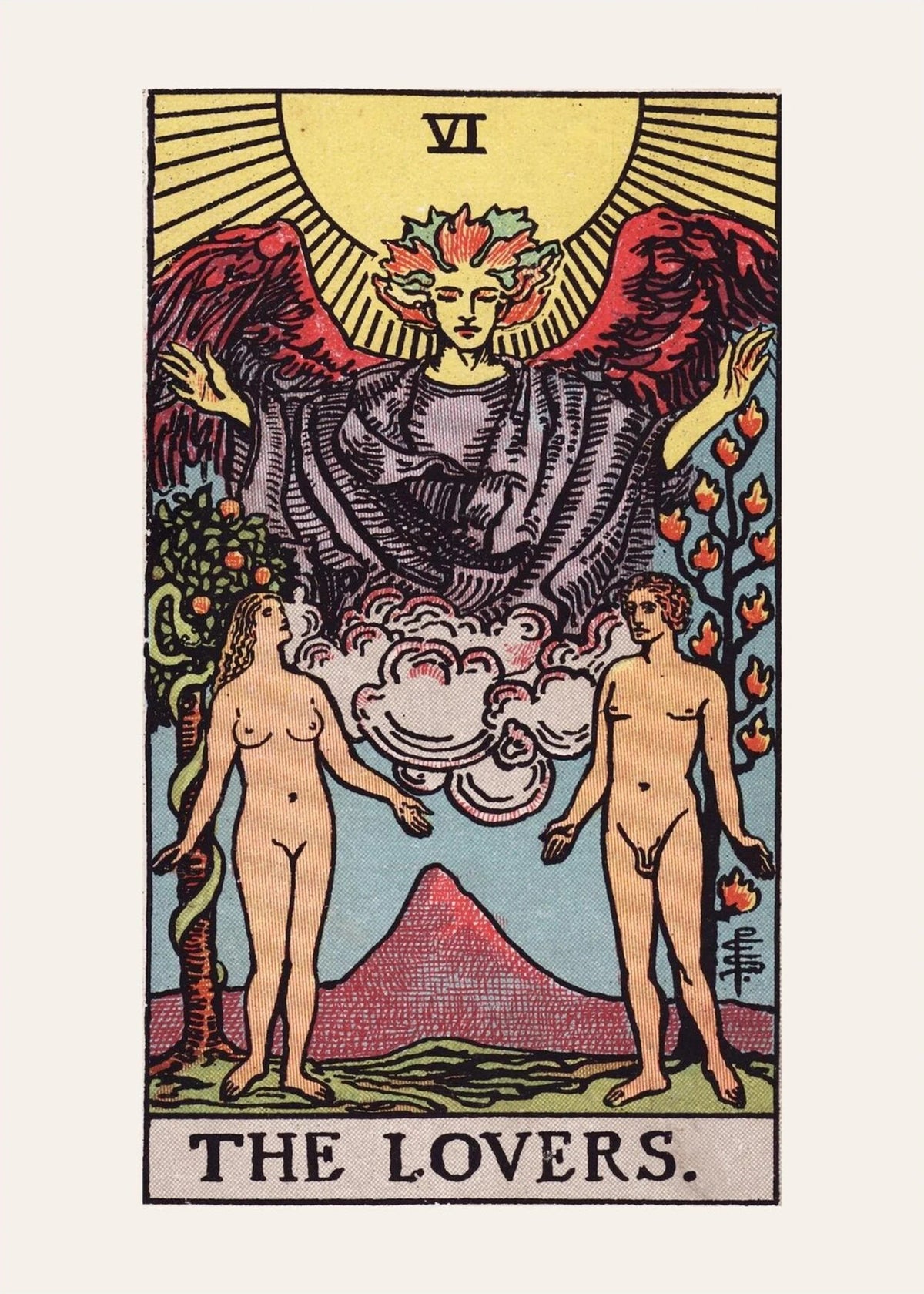 Les Amoureux, arcane VI du tarot Rider-Waite, l'affiche seule, papier épais mat éco-responsable