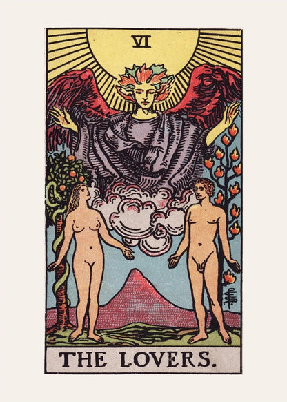 Les Amoureux, arcane VI du tarot Rider-Waite, l'affiche seule, papier épais mat éco-responsable