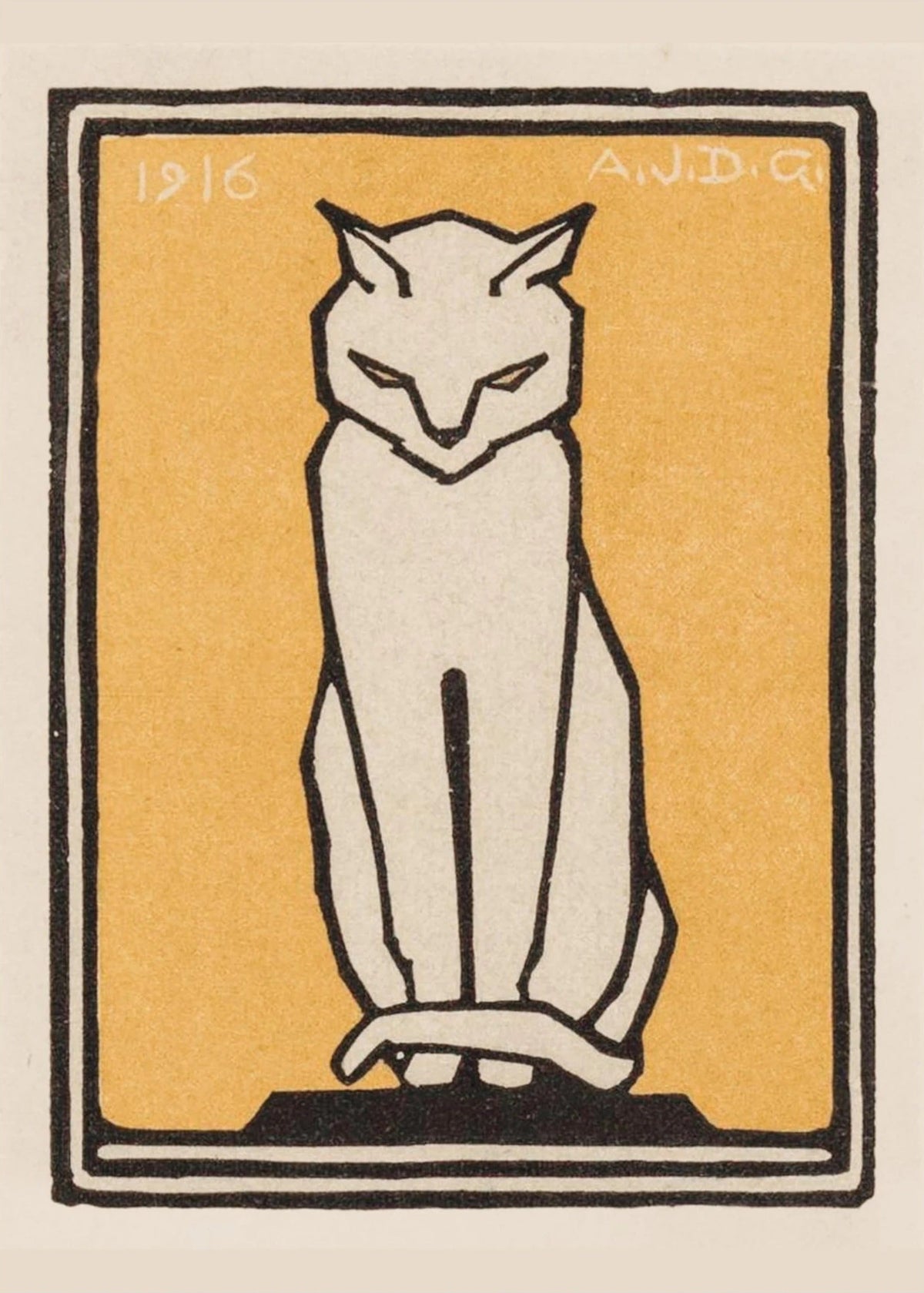 Chat blanc sur fond jaune, l'affiche seule, papier épais mat éco-responsable