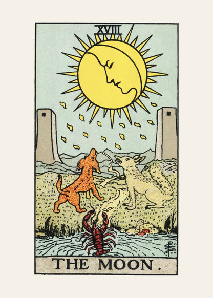La Lune, arcane XVIII du tarot Rider-Waite, l'affiche seule, papier épais mat éco-responsable