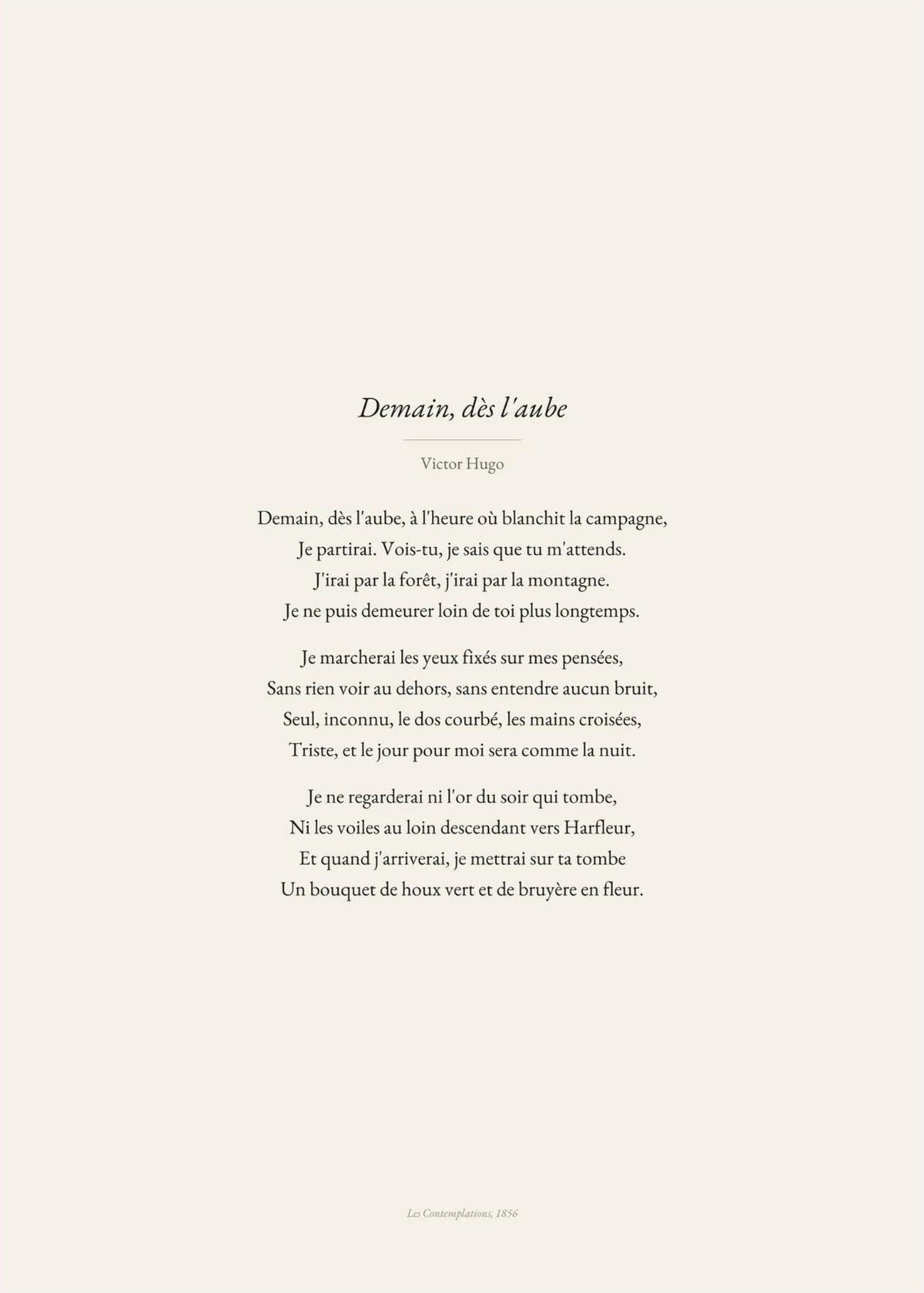 Demain, dès l'aube de Victor Hugo, l'affiche seule, papier épais mat éco-responsable