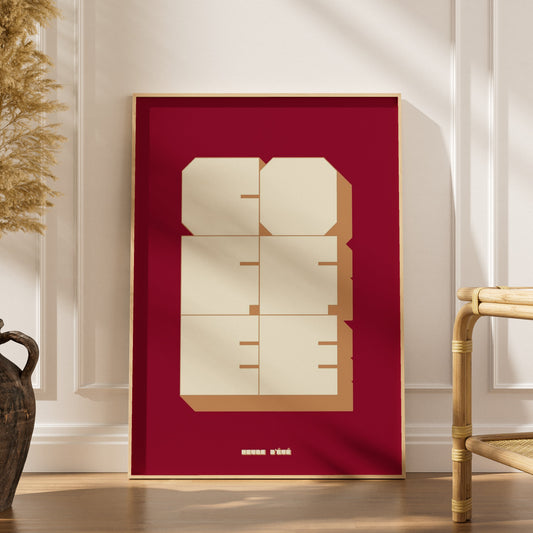 But first, coffee | Poster Rétro, affiche encadrée dans un intérieur élégant, herbes séchées et chaise en rotin