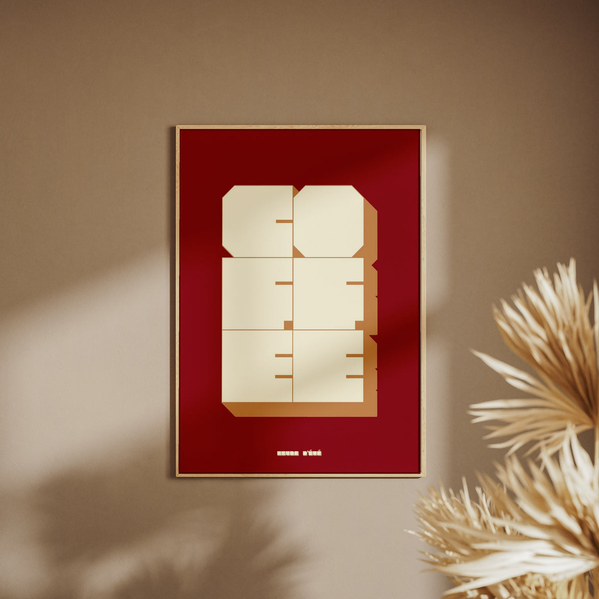 But first, coffee | Retro Poster, framed poster on a beige wall, pampas grass in the foreground