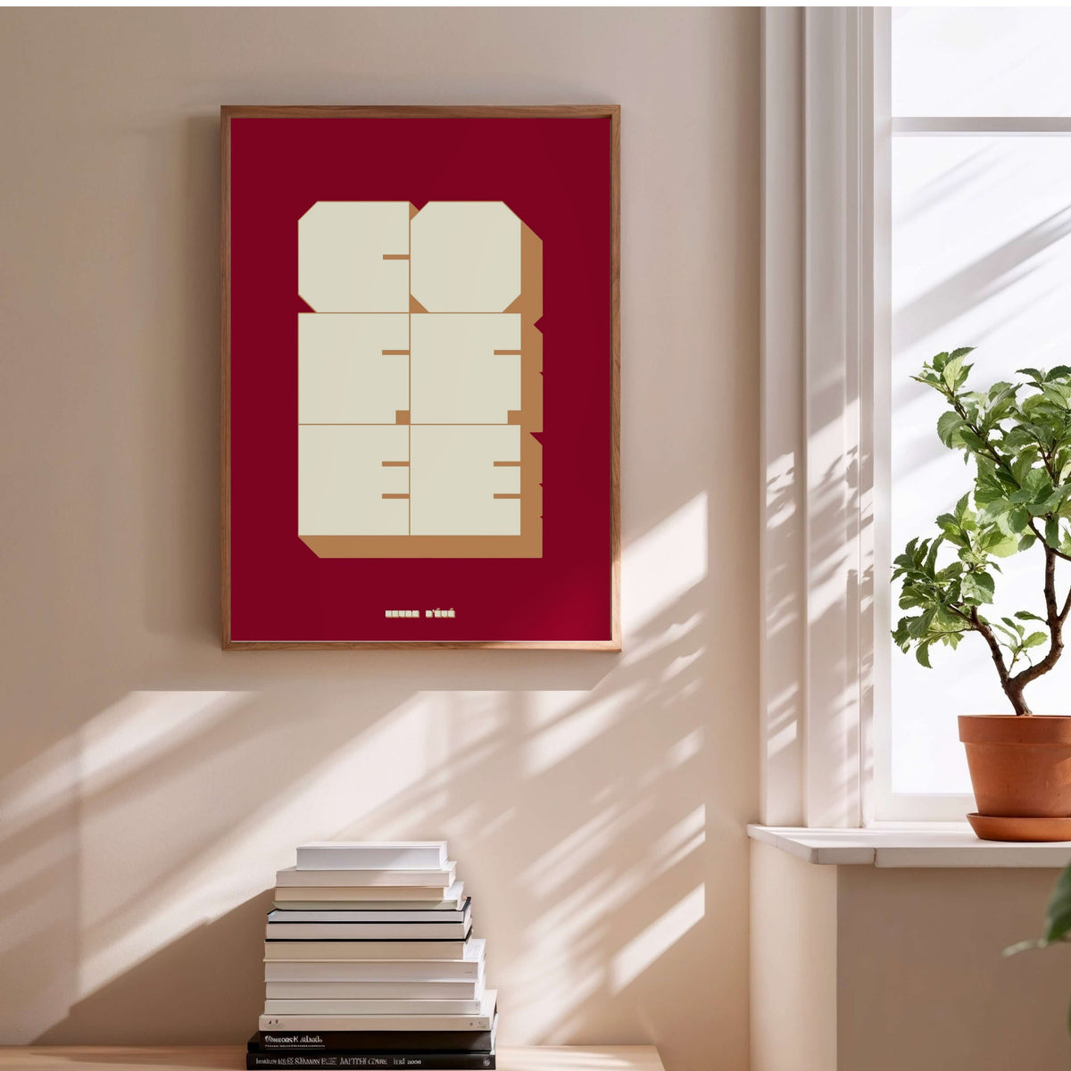 But first, coffee | Retro Poster, framed poster above a stack of books