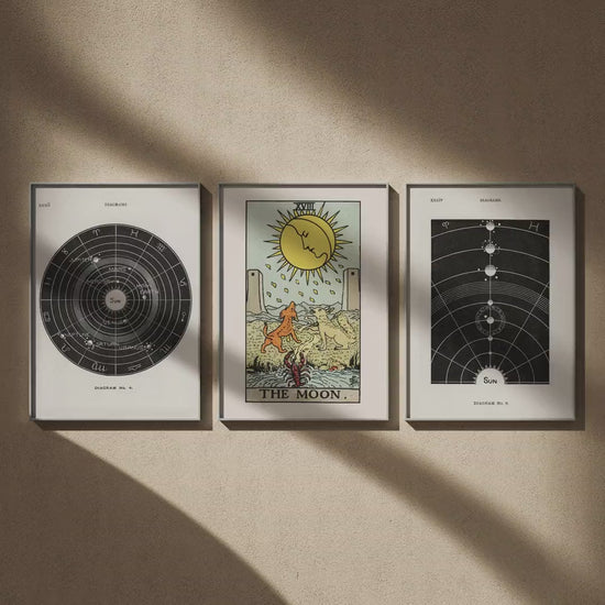 Triptyque astronomie vintage : Système solaire, La Lune et Le Soleil en 50x70, en vidéo : les trois affiches encadrées sur un mur beige