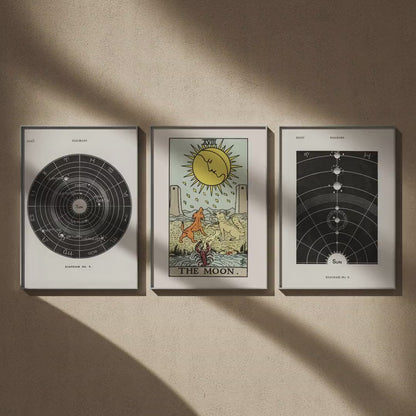 Triptyque astronomie vintage : Système solaire, La Lune et Le Soleil en 50x70, en vidéo : les trois affiches encadrées sur un mur beige