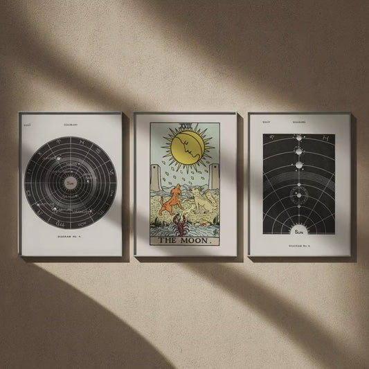 Triptyque astronomie vintage : Système solaire, La Lune et Le Soleil en 50x70, en vidéo : les trois affiches encadrées sur un mur beige