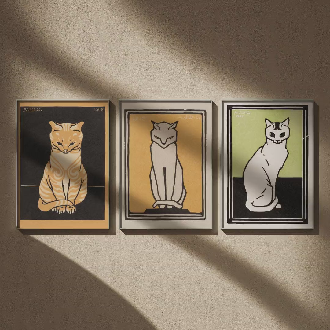 Triptyque chats de Julie de Graag : Chat assis, Chat blanc sur fond jaune et Chat blanc sur fond vert en 50x70, en vidéo : les trois affiches encadrées sur un mur beige