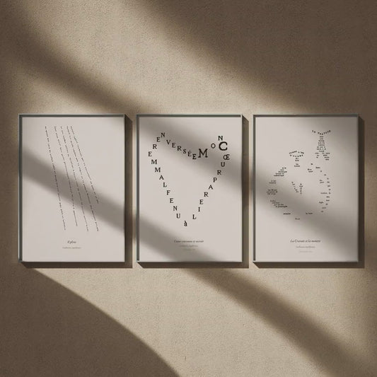 Triptyque Apollinaire : trois calligrammes en 50x70, en vidéo : les trois affiches encadrées sur un mur beige