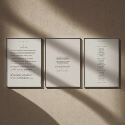 Triptyque Baudelaire : L'Albatros, Correspondances et L'Invitation au voyage en 50x70, en vidéo : les trois affiches encadrées sur un mur beige