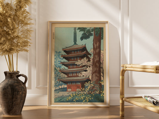 Printemps au Temple Daigoji - Asano Takeji - Estampe Japonaise, affiche encadrée dans un intérieur élégant, cadre bois clair
