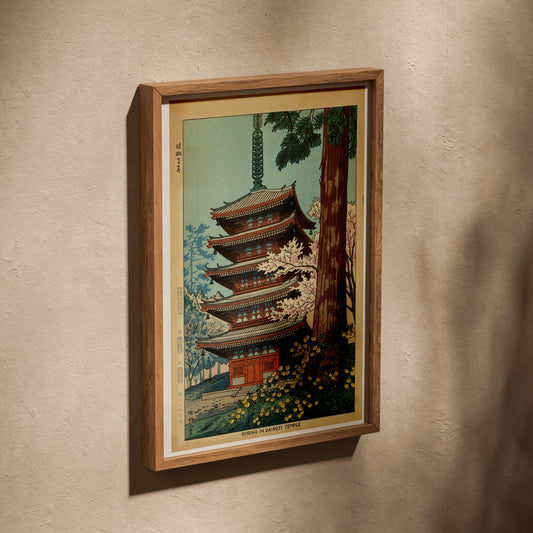 Printemps au Temple Daigoji - Asano Takeji, affiche dans un cadre en chêne posé de biais sur un mur texturé