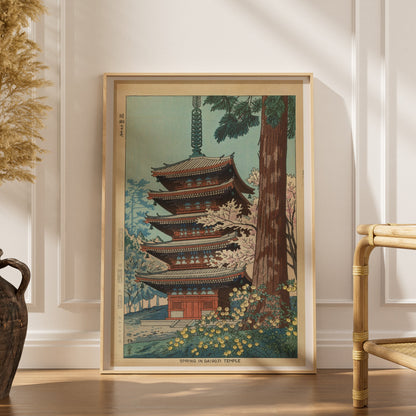 Spring at Daigoji Temple - Takeji Asano, framed poster in an elegant interior, dried grasses and a rattan chair