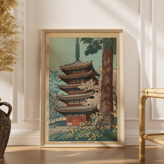 Printemps au Temple Daigoji - Asano Takeji, affiche encadrée dans un intérieur élégant, herbes séchées et chaise en rotin