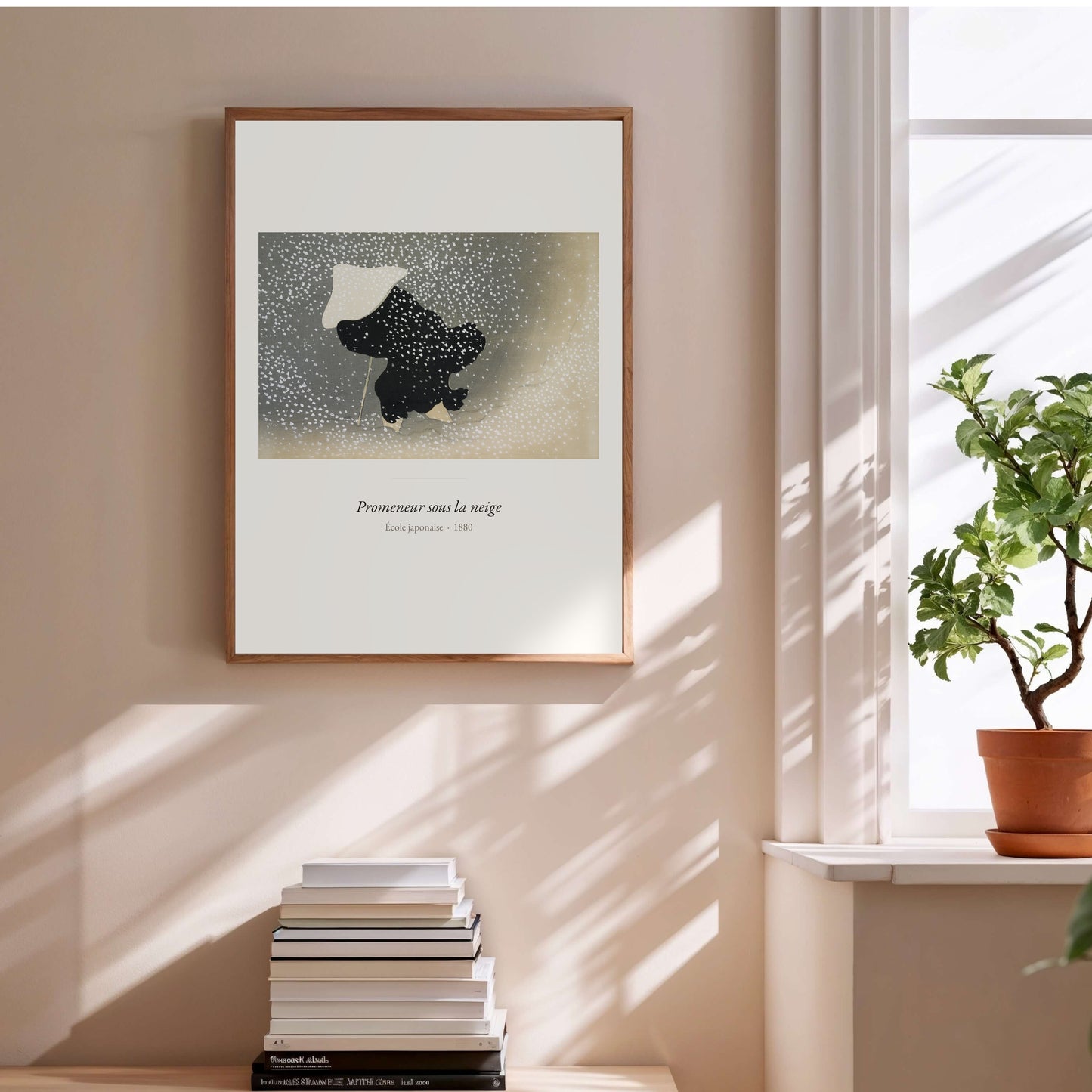 Promeneur sous la neige, École japonaise | Affiche Art Premium en situation