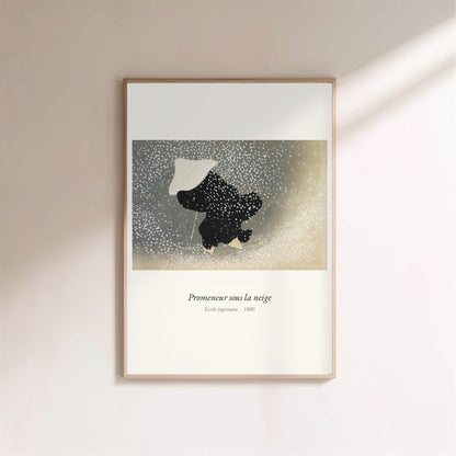 Promeneur sous la neige, École japonaise, affiche encadrée sur un mur clair