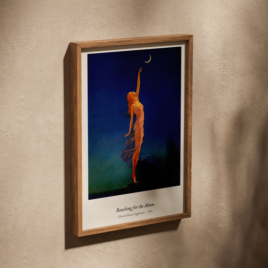 Reaching for the Moon, Eggleston | Affiche Art Premium, affiche dans un cadre en chêne posé de biais sur un mur texturé