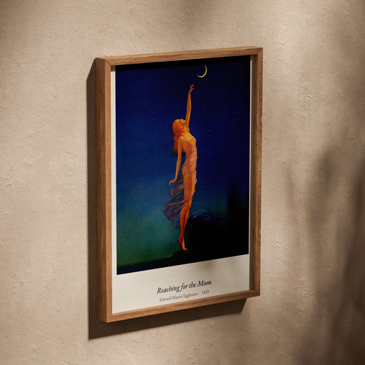 Reaching for the Moon, Eggleston | Affiche Art Premium, affiche dans un cadre en chêne posé de biais sur un mur texturé