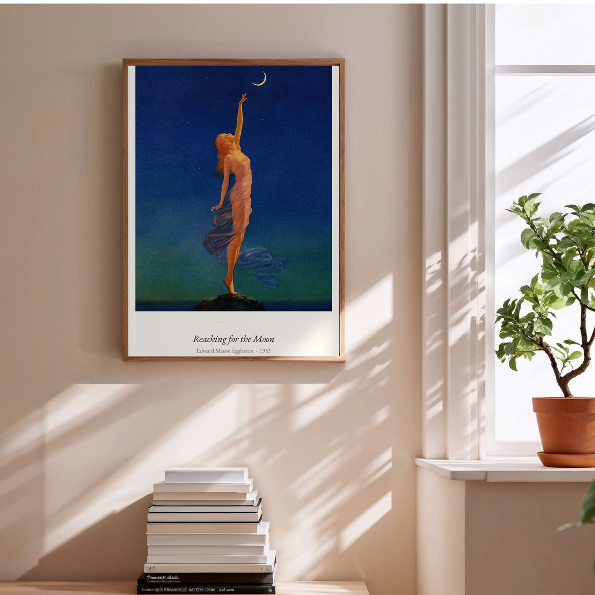 Reaching for the Moon, Eggleston | Affiche Art Premium, affiche encadrée au-dessus d'une pile de livres
